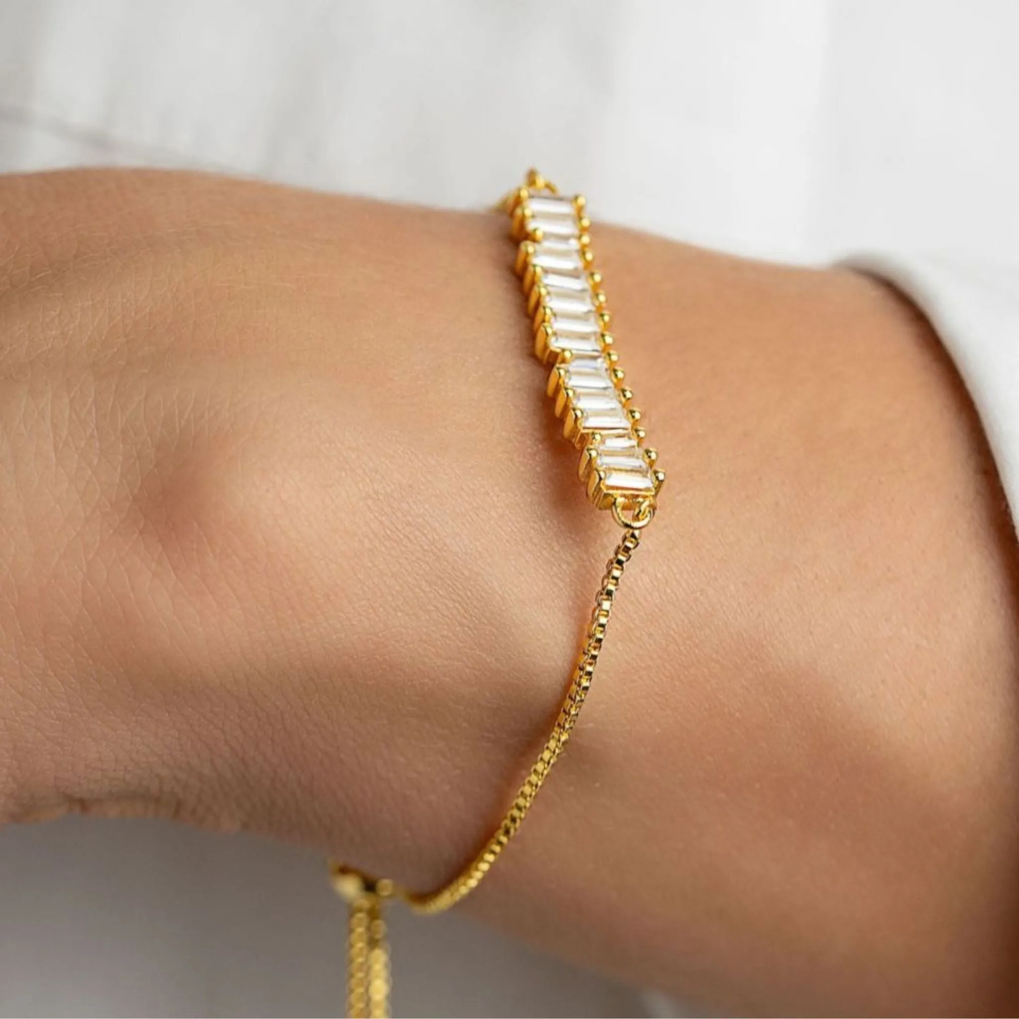 14K Gold Plated Bolo Bracelet With Baguette Crystal Bar