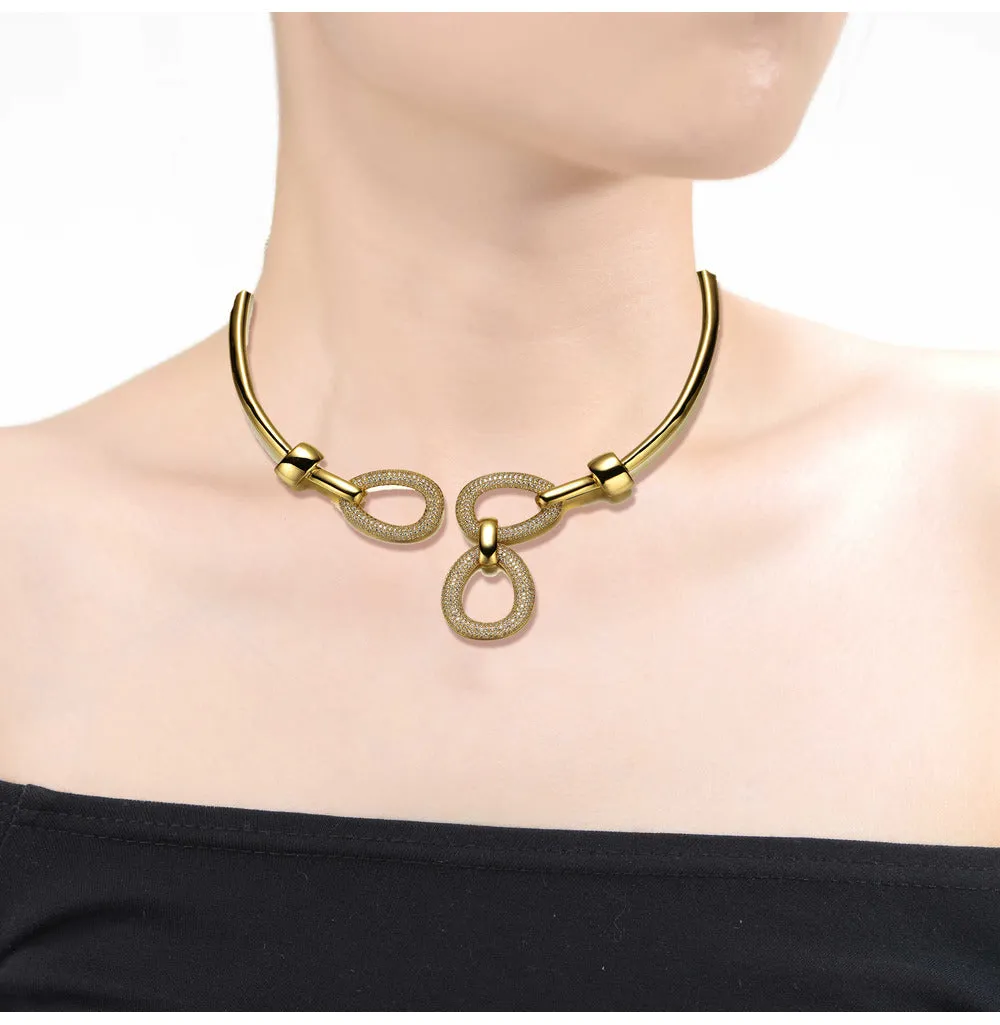 14k Gold Plated Modern Triple Mesh Drop Open Collar Choker Necklace