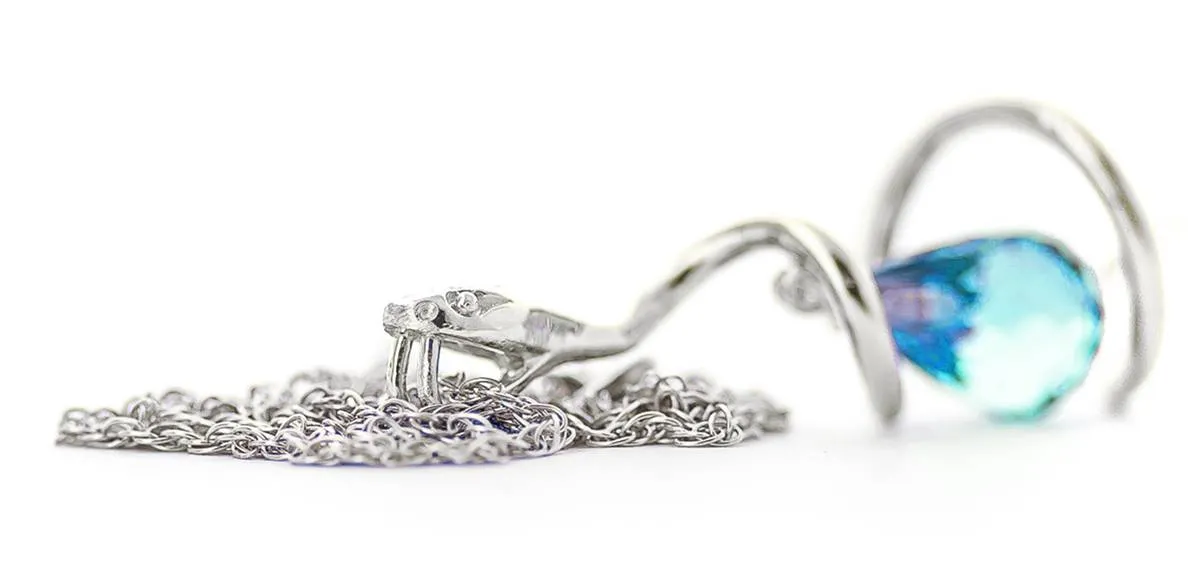 14K Solid White Gold Snake Necklace w/ Dangling Briolette Blue Topaz & Diamond