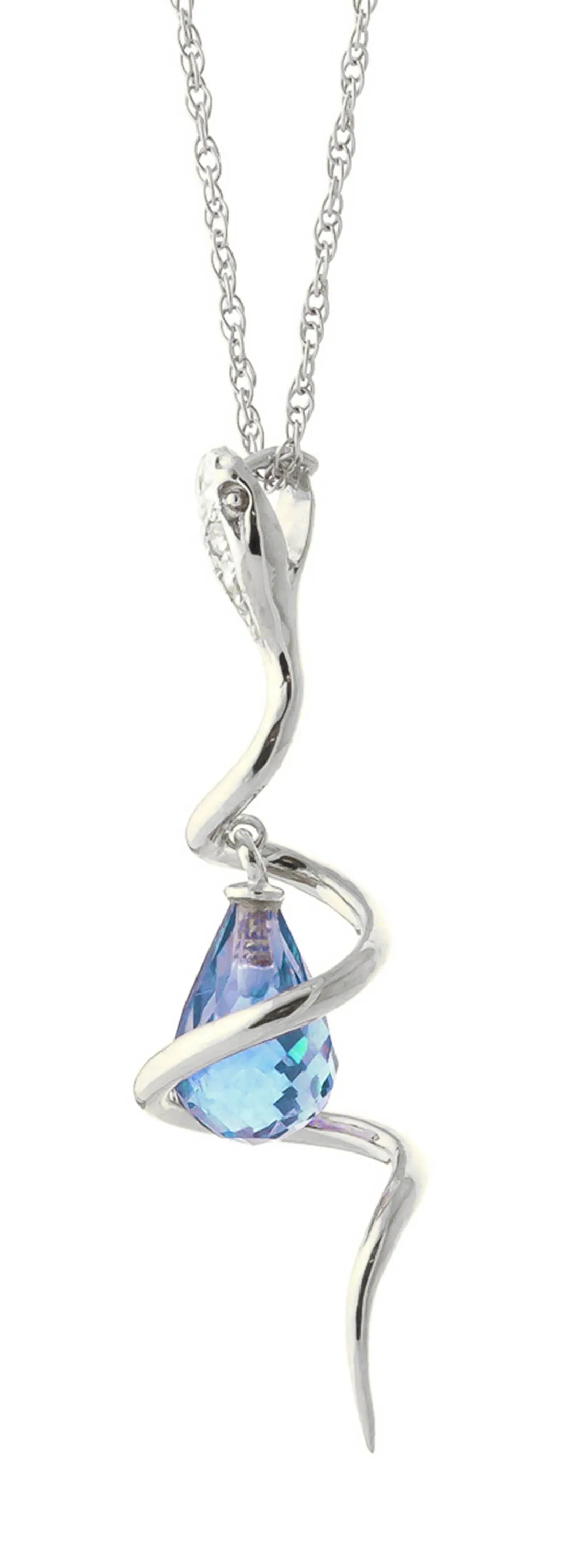 14K Solid White Gold Snake Necklace w/ Dangling Briolette Blue Topaz & Diamond