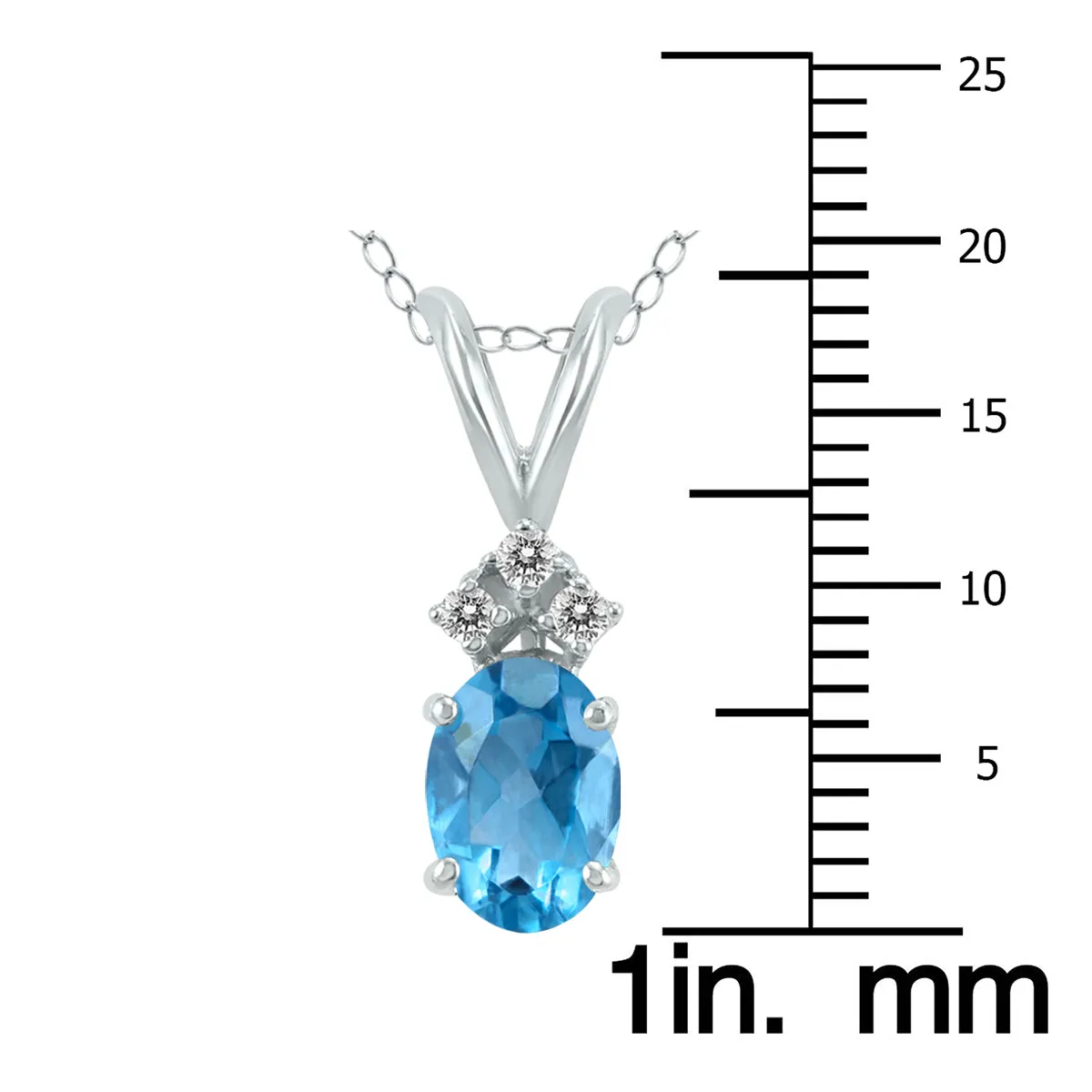 14K White Gold 8X6Mm Oval Blue Topaz And Three Stone Diamond Pendant