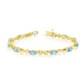 14K Yellow Gold Oval Aquamarine Stones And Diamonds Tennis Bracelet, 7"