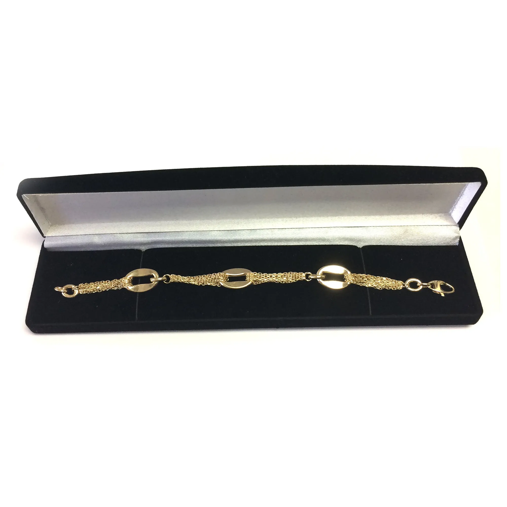 14k Yellow Gold Three Curved Oval Link Multi Stranded Cable Chain Bracelet, 7.5"