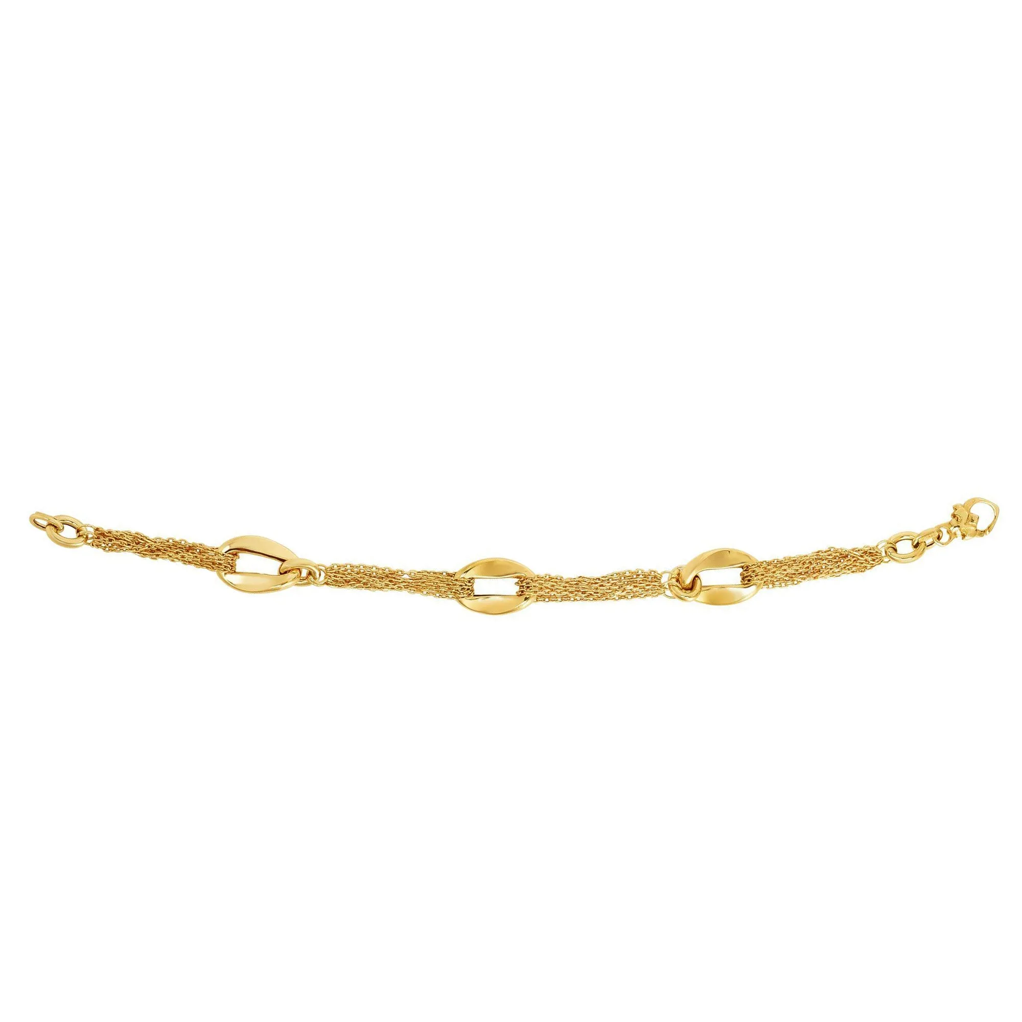 14k Yellow Gold Three Curved Oval Link Multi Stranded Cable Chain Bracelet, 7.5"