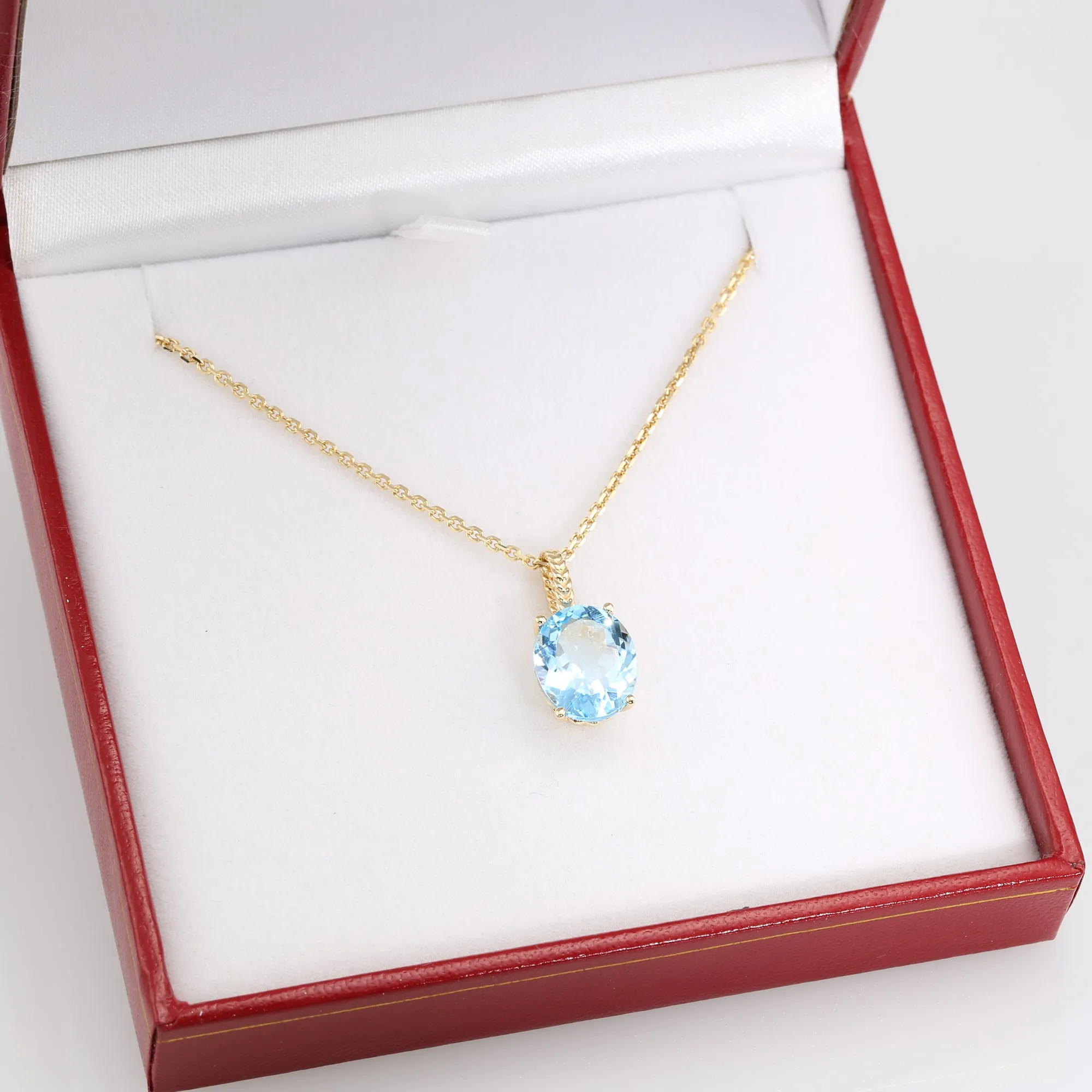 14k Yellow Gold Topaz Necklace, Brilliant Sky Blue 6 Carat Oval Shaped Topaz Gemstone Pendant