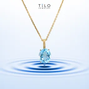 14k Yellow Gold Topaz Necklace, Brilliant Sky Blue 6 Carat Oval Shaped Topaz Gemstone Pendant