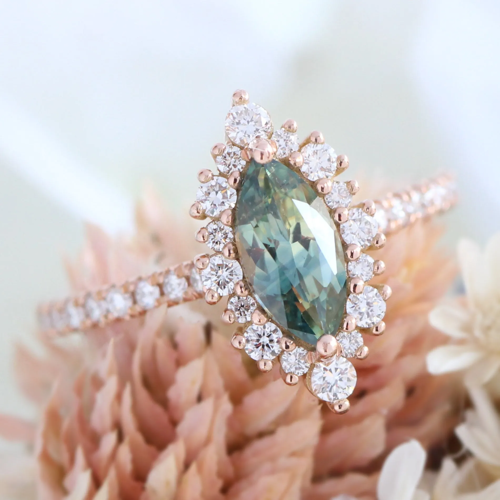 1.51 Ct Marquise Green Sapphire Ring in 14k Rose Gold Tiara Halo Diamond, Size 6.25