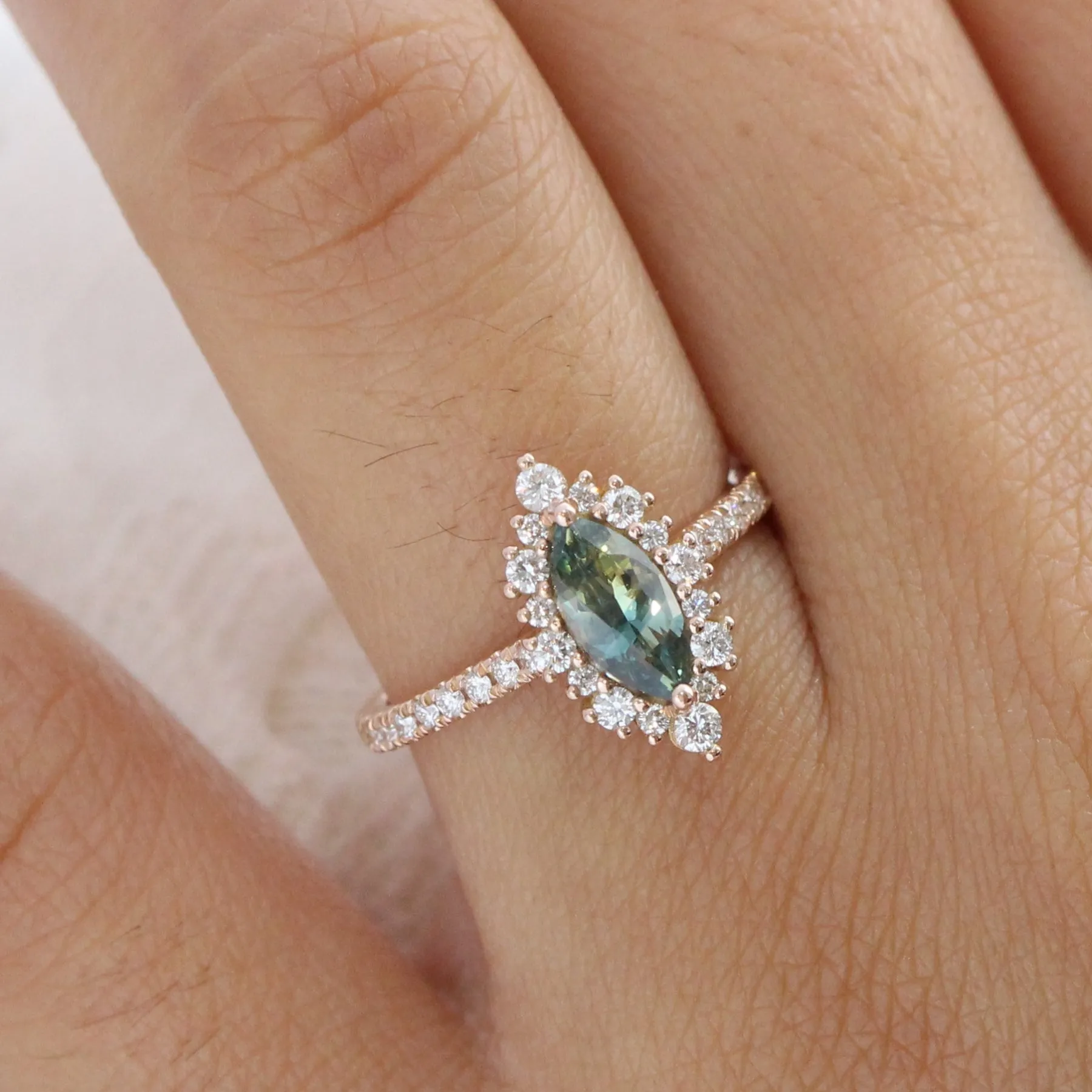 1.51 Ct Marquise Green Sapphire Ring in 14k Rose Gold Tiara Halo Diamond, Size 6.25