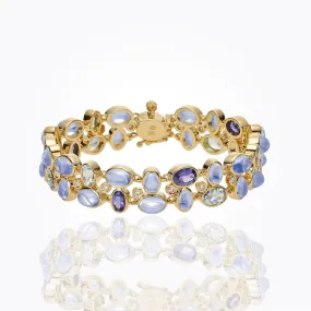 18K Cluster Bracelet in royal blue moonstone, aquamarine, tanzanite and diamond