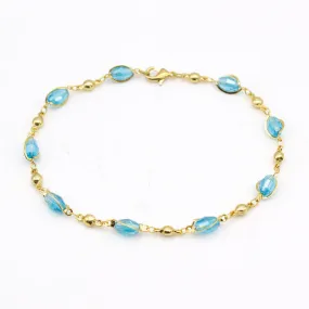 18K GOLD Filled High Polish Finsh AQUAMARINE OVAL CRYSTAL ANKLE BRACELET