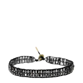 18K Gold Triple Row Tube and Rondelle Bracelet with Black Diamonds