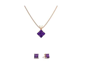 18K Rose Gold 1/2ct Amethyst Square 18 Inch Necklace and Earrings Set Plated