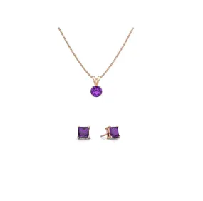 18K Rose Gold 1ct Amethyst Round 18 Inch Necklace and Square Earrings Set Plated