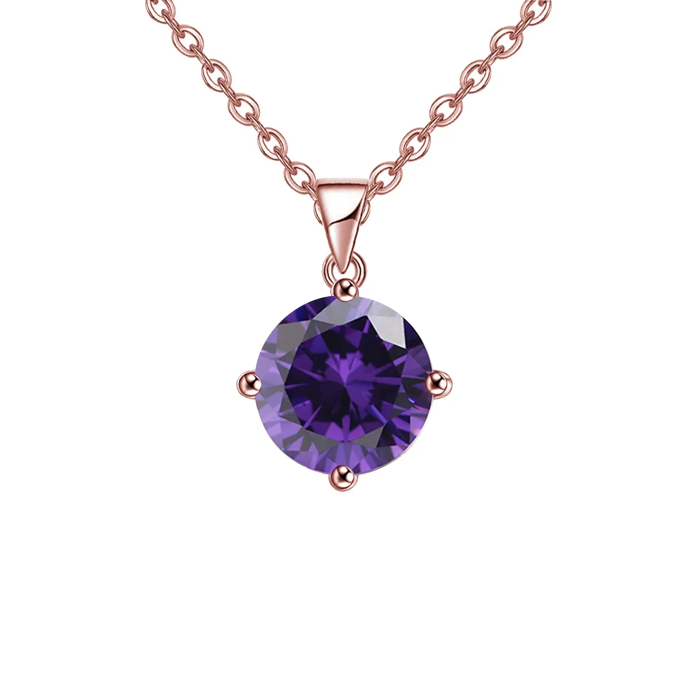 18K Rose Gold 3 Carat Created Amethyst Round Stud Necklace Plated 18 inch