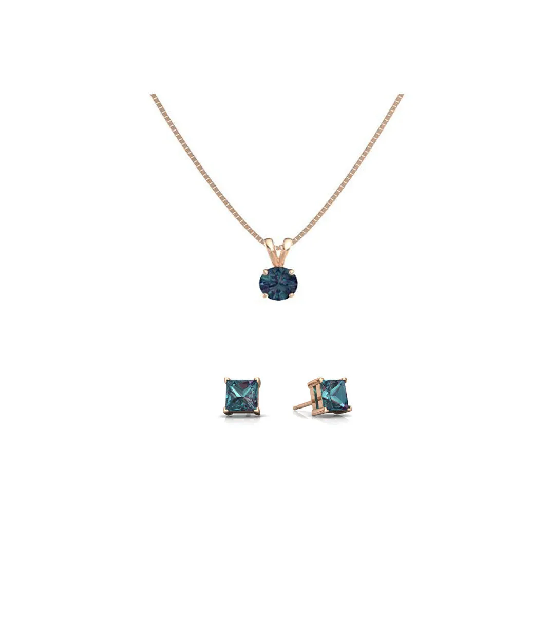 18K Rose Gold 4ct Alexandrite Round 18 Inch Necklace and Square Earrings Set Plated