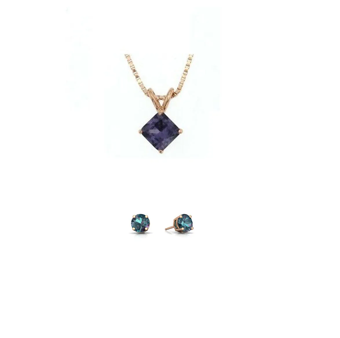 18K Rose Gold 4ct Alexandrite Square 18 Inch Necklace and Round Earrings Set Plated