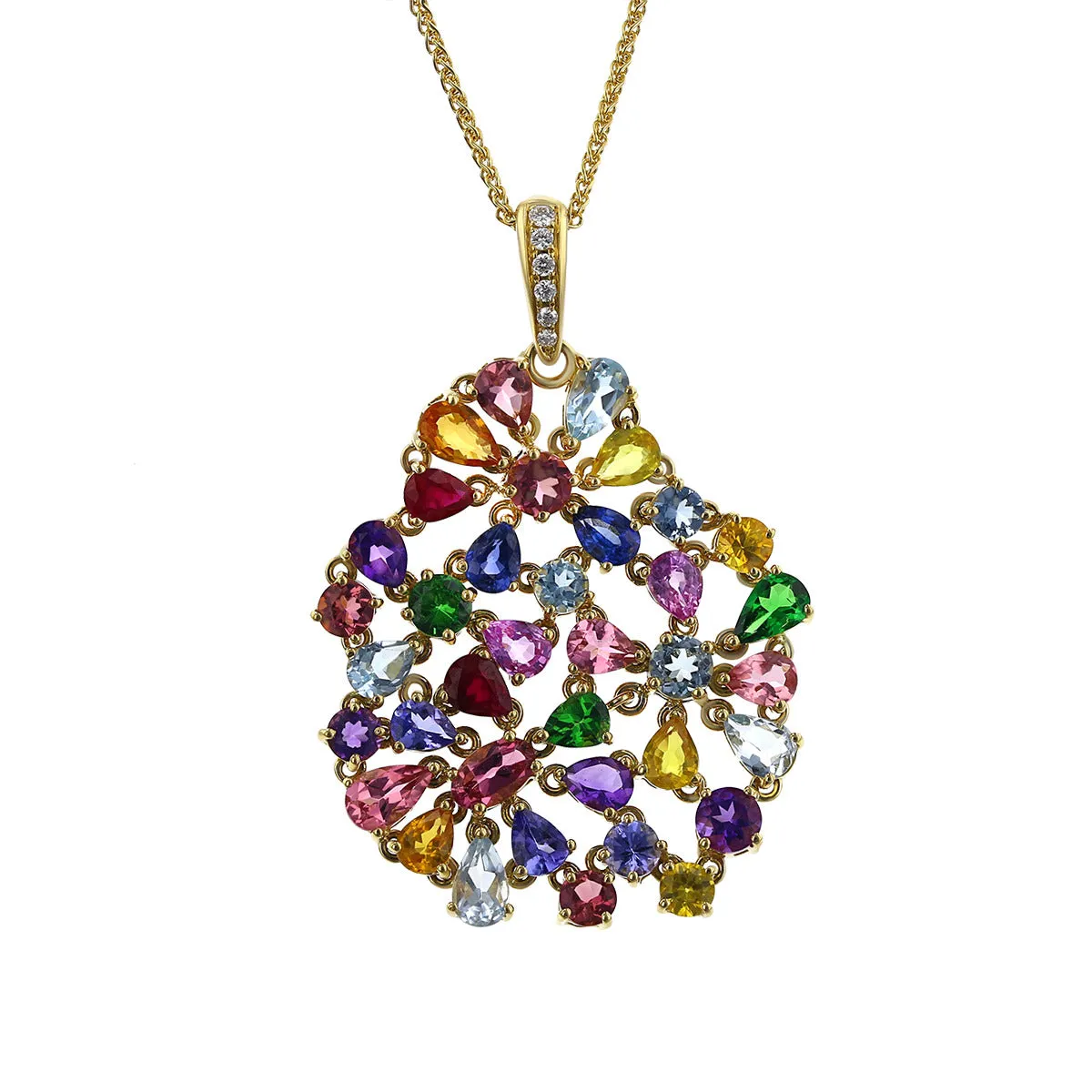 18K Yellow Gold Multi Gemstones Pendant Necklace