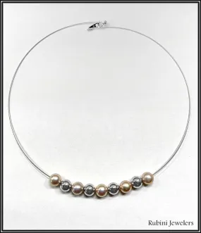 18Kt Gold Wire Adjustable Choker with 14Kt Gold Beads and Pearl Necklace