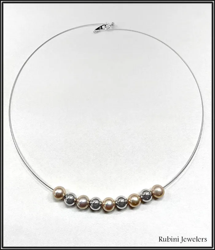 18Kt Gold Wire Adjustable Choker with 14Kt Gold Beads and Pearl Necklace