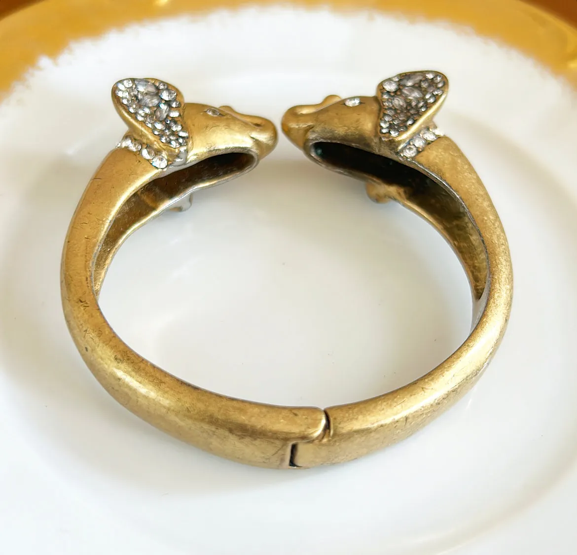 1990s signed Ann Taylor hinged double elephant head clamper style statement bracelet.