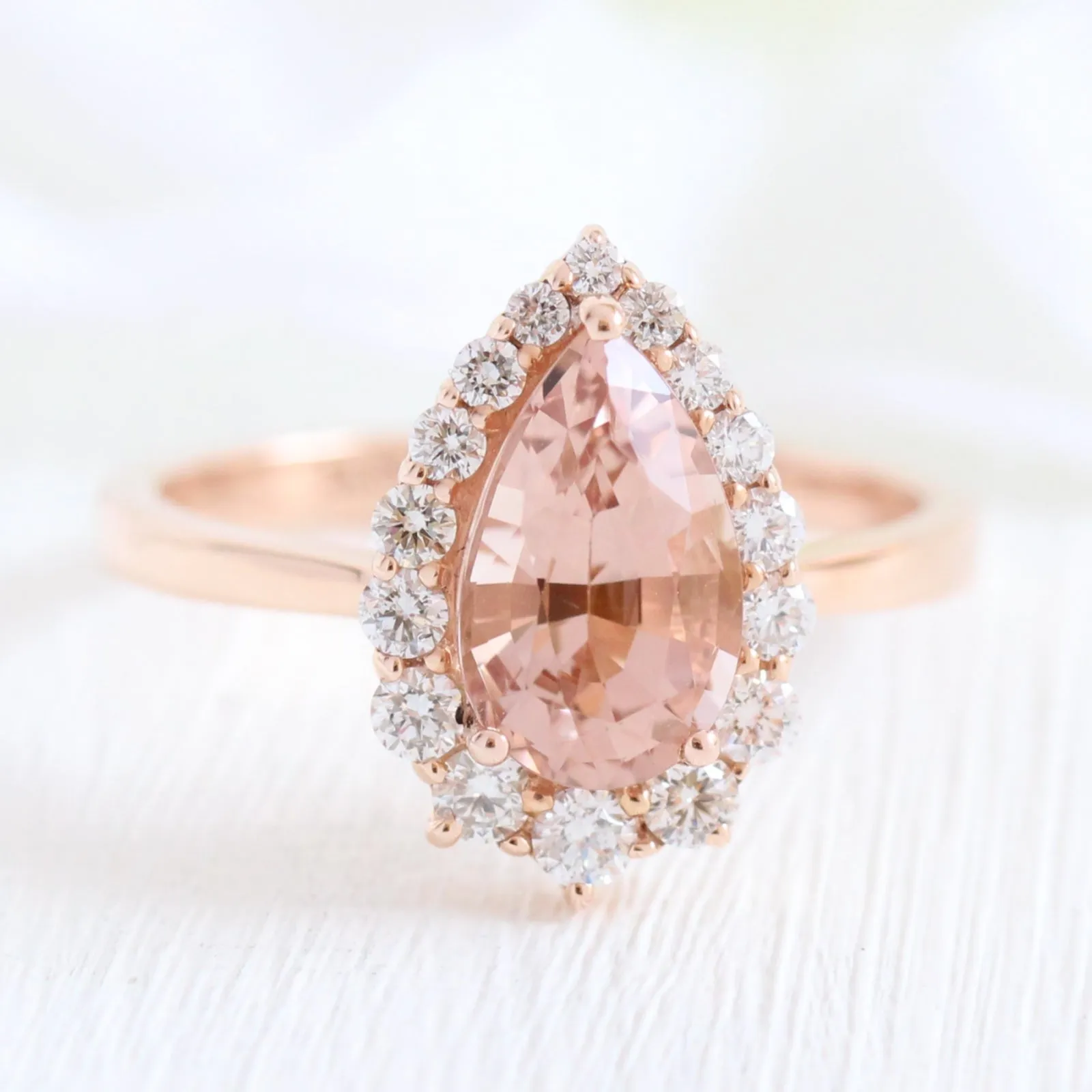 2.10 Ct Pear Morganite Diamond Ring in 14k Rose Gold Tiara Halo Tapered Band, Size 6.25