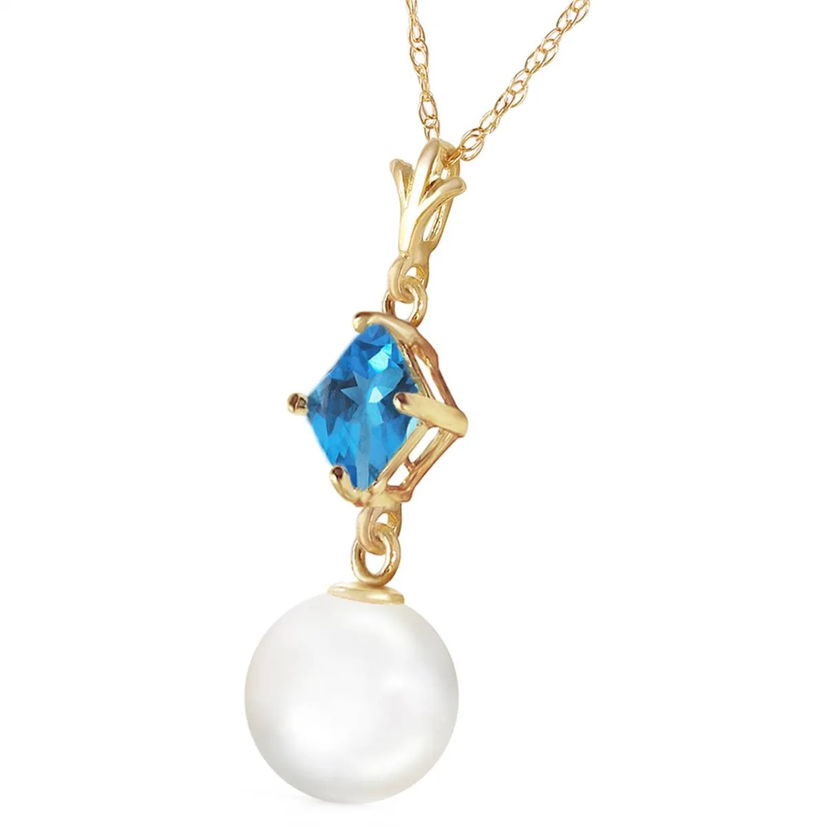 2.5 Carat 14K Solid Yellow Gold Angel's Advocate Blue Topaz Pearl Necklace