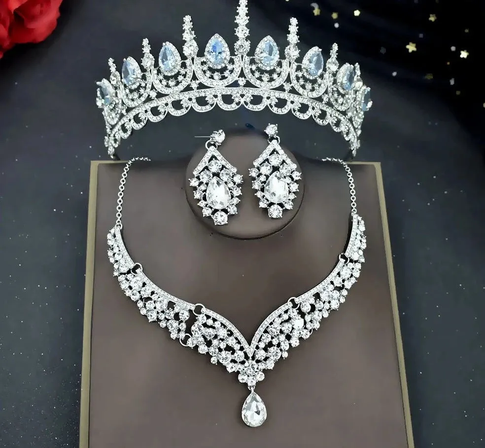 3 Piece Tiara Crown Earrings Necklace Jewelry Set Crystal Party Birthday Prom Pageant Costume Jewelry