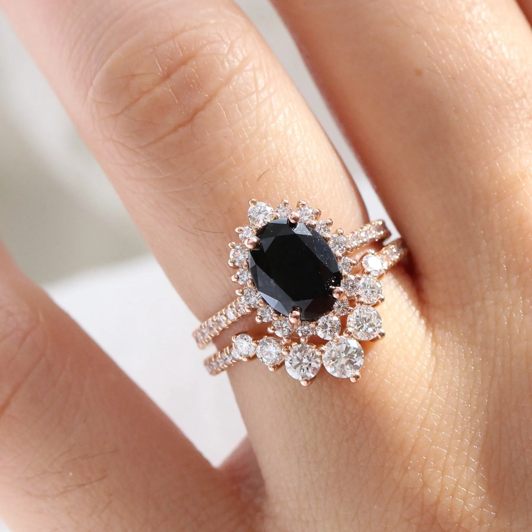 3.2 Ct Oval Black Diamond Ring Set w/ Matching Curved Band in Tiara Halo