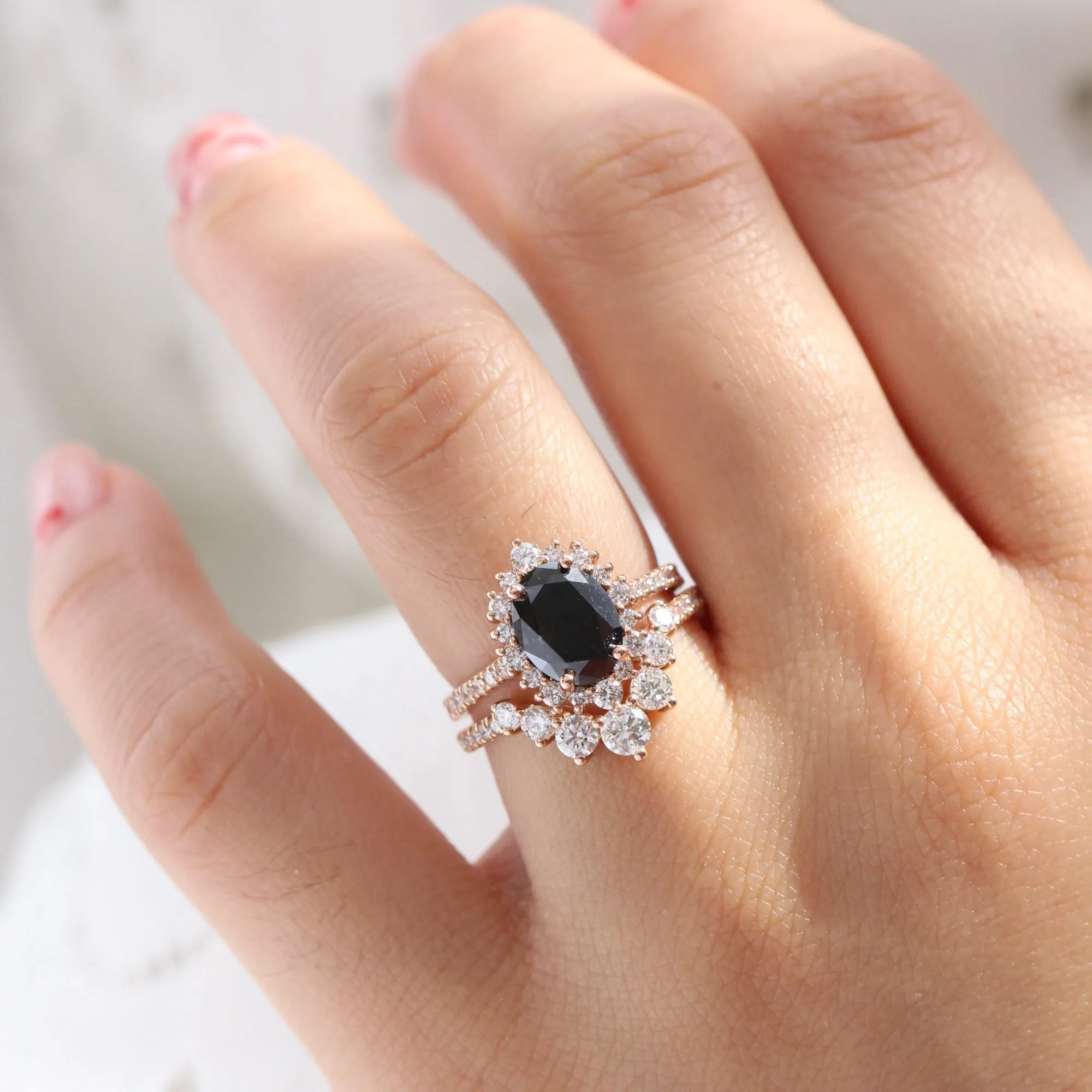 3.2 Ct Oval Black Diamond Ring Set w/ Matching Curved Band in Tiara Halo