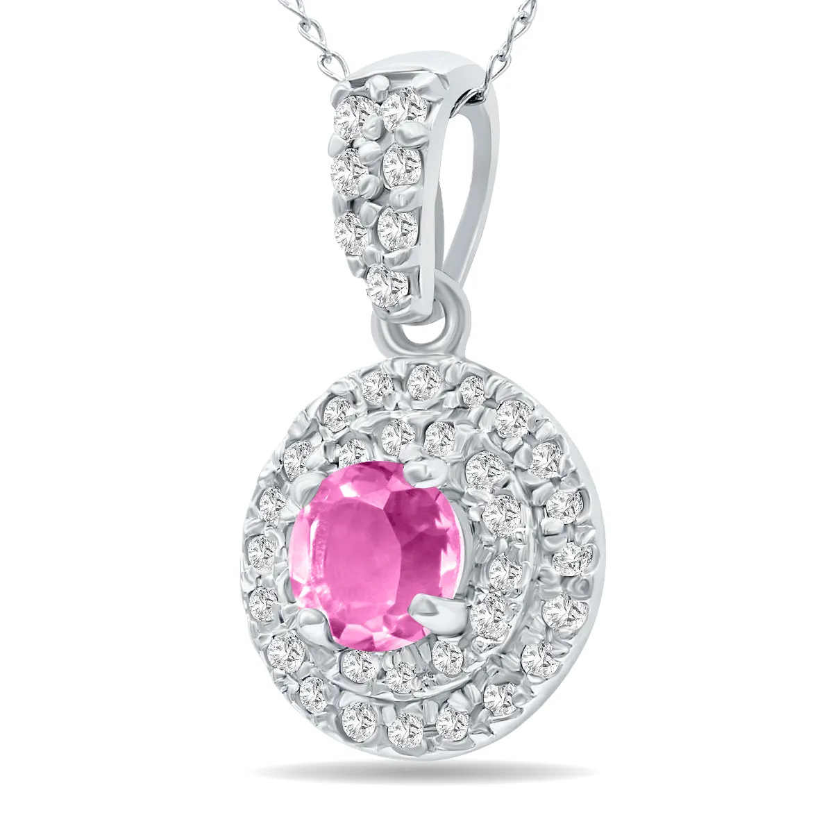 3/4 Carat Tw Double Halo Pink Topaz And Diamond Pendant In 10K White Gold