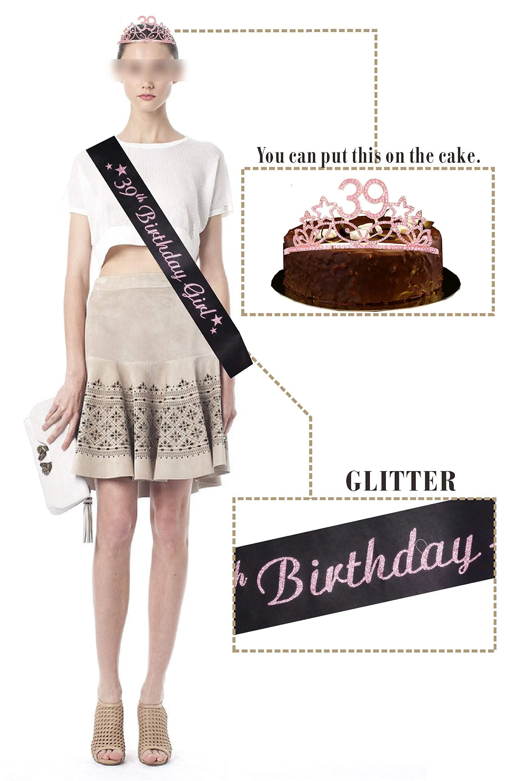 39th Birthday Gifts for Women, 39th Birthday Tiara and Sash Pink, HAPPY 39th Birthday