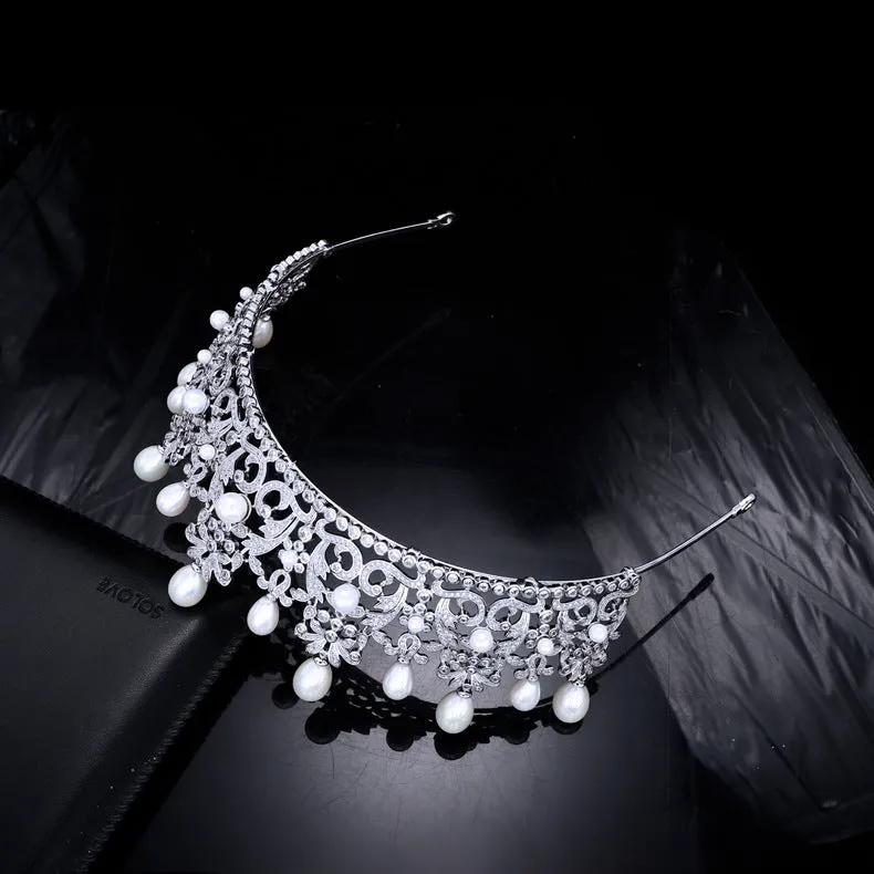 5.5cm Zirconia/Crystals Women's Tira,Headpieces,Classic Europe Royal Pearls Tiara for Wedding CH10202