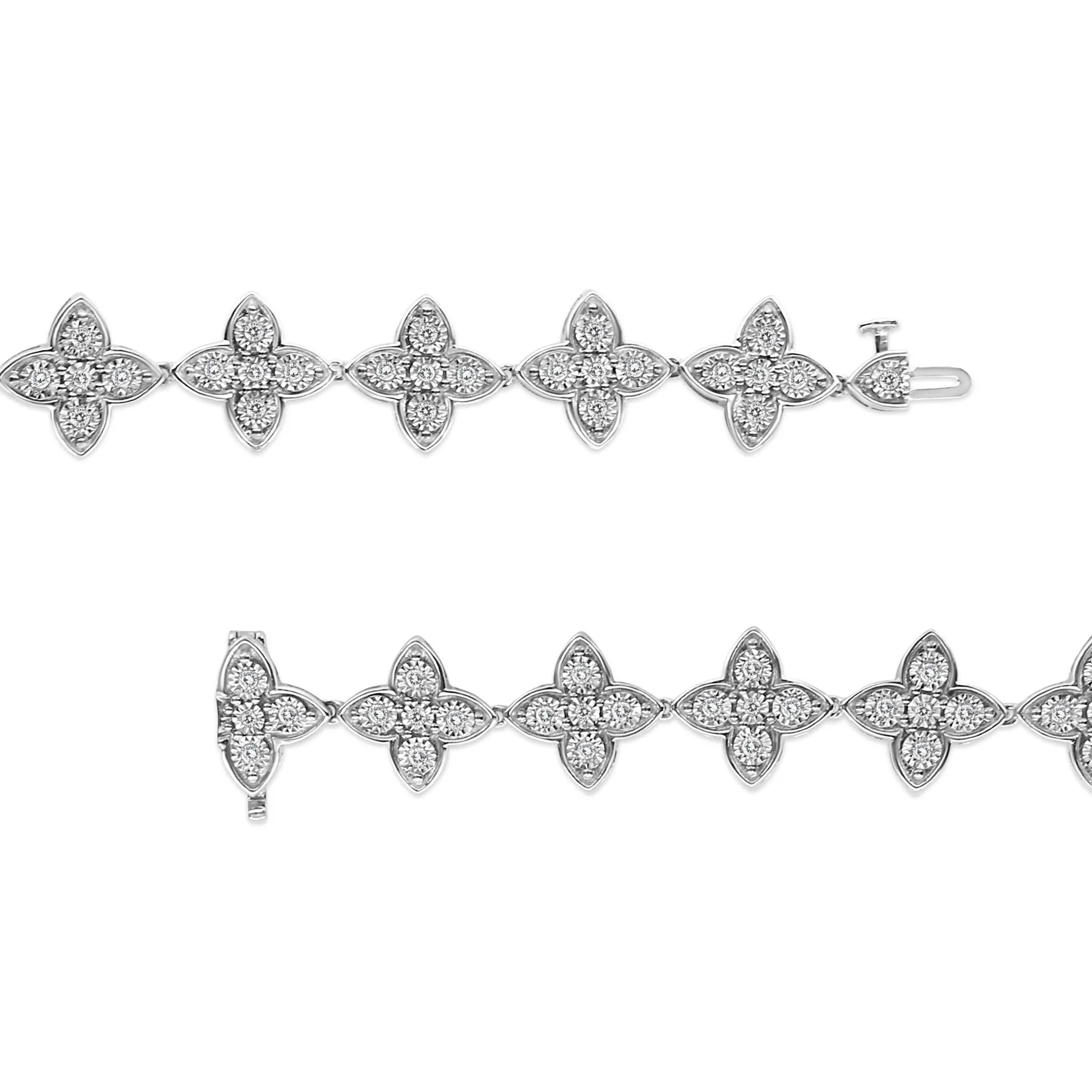 .925 Sterling Silver 1 cttw Miracle-Set Diamond 4 Leaf Clover Link Bracelet (I-J Clarity, I3 Color) - Size 7.25"