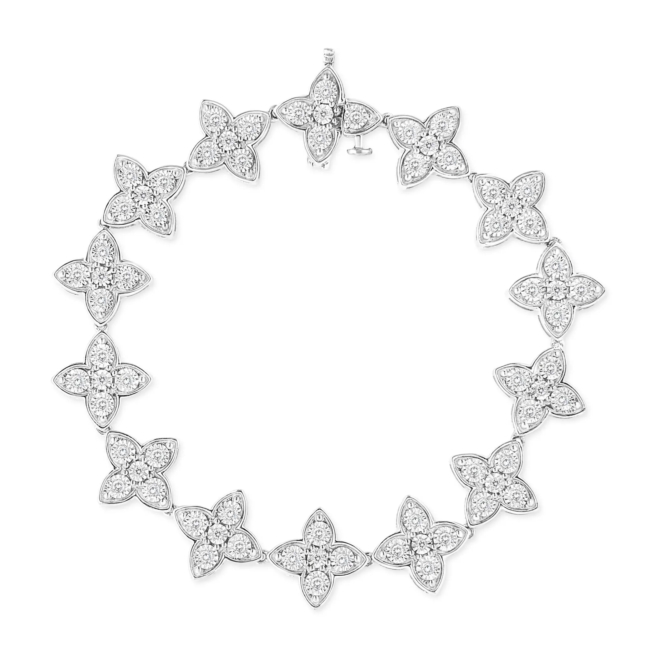 .925 Sterling Silver 1 cttw Miracle-Set Diamond 4 Leaf Clover Link Bracelet (I-J Clarity, I3 Color) - Size 7.25"