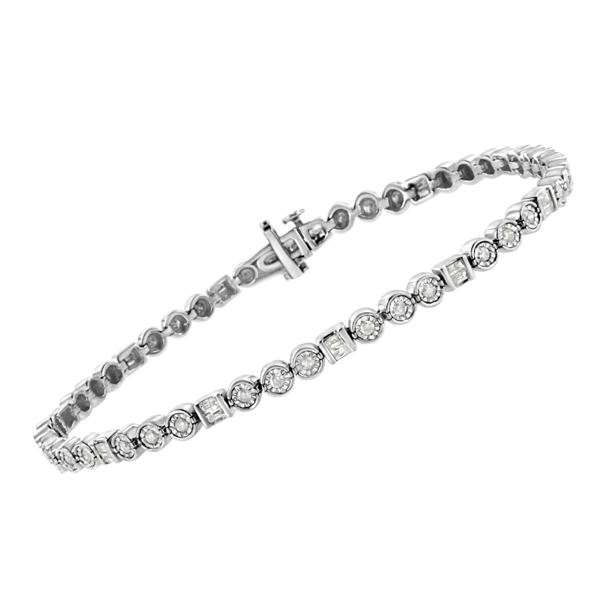 .925 Sterling Silver 1.0 Cttw Alternating Channel Set Baguette and Miracle Set Round Diamond Link Bracelet (I-J Color, I3 Clarity) - 7.25"