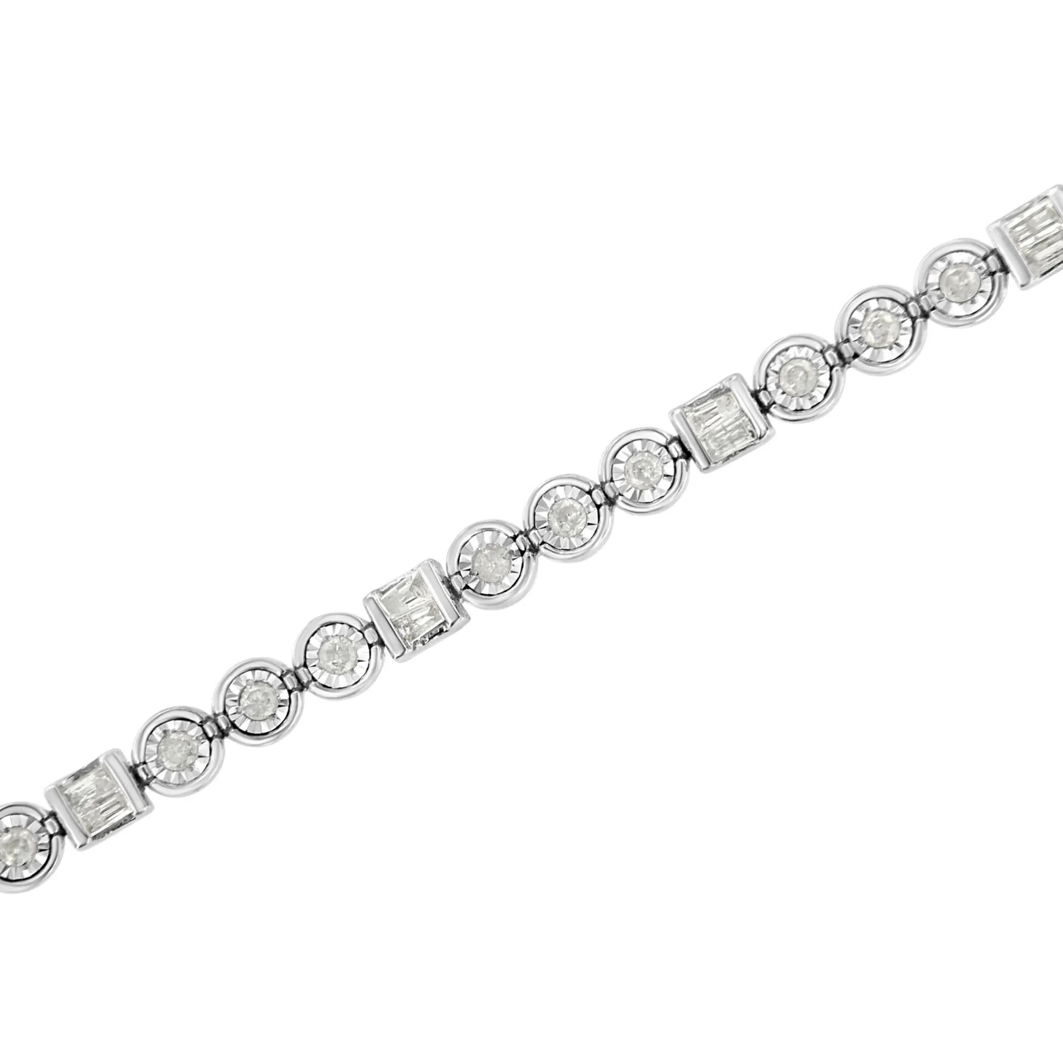 .925 Sterling Silver 1.0 Cttw Alternating Channel Set Baguette and Miracle Set Round Diamond Link Bracelet (I-J Color, I3 Clarity) - 7.25"