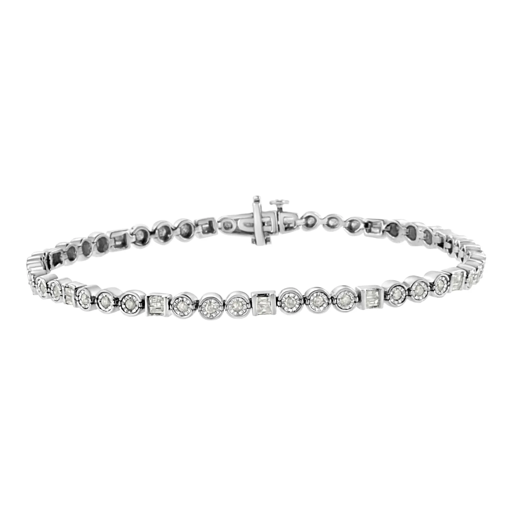 .925 Sterling Silver 1.0 Cttw Alternating Channel Set Baguette and Miracle Set Round Diamond Link Bracelet (I-J Color, I3 Clarity) - 7.25"