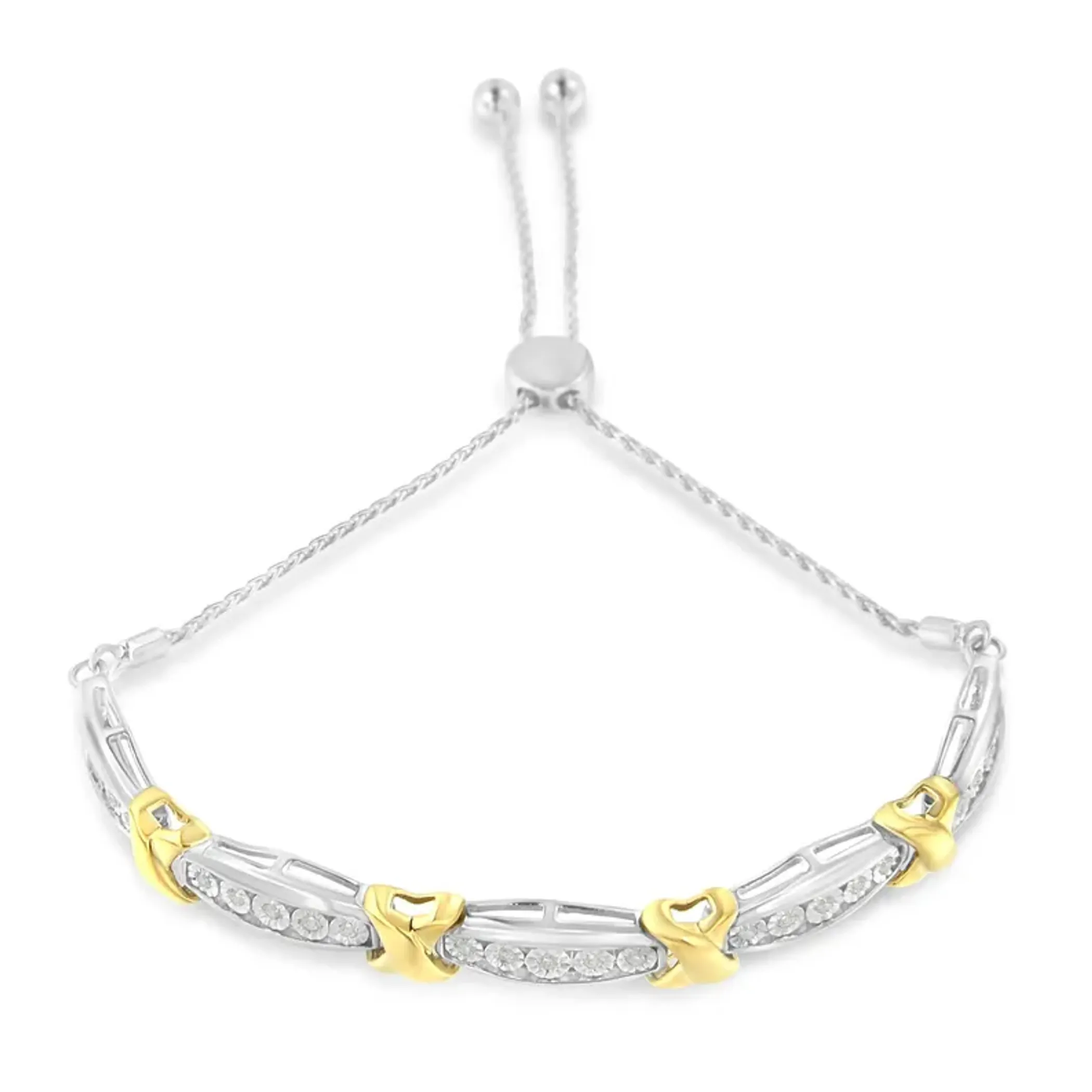 .925 Sterling Silver 1/4 Cttw Round-Cut Diamond X & Tapered Bar Miracle-Set Bolo Bracelet (I-J Color, I3 Clarity) - Two Tone Yellow Gold & Silver