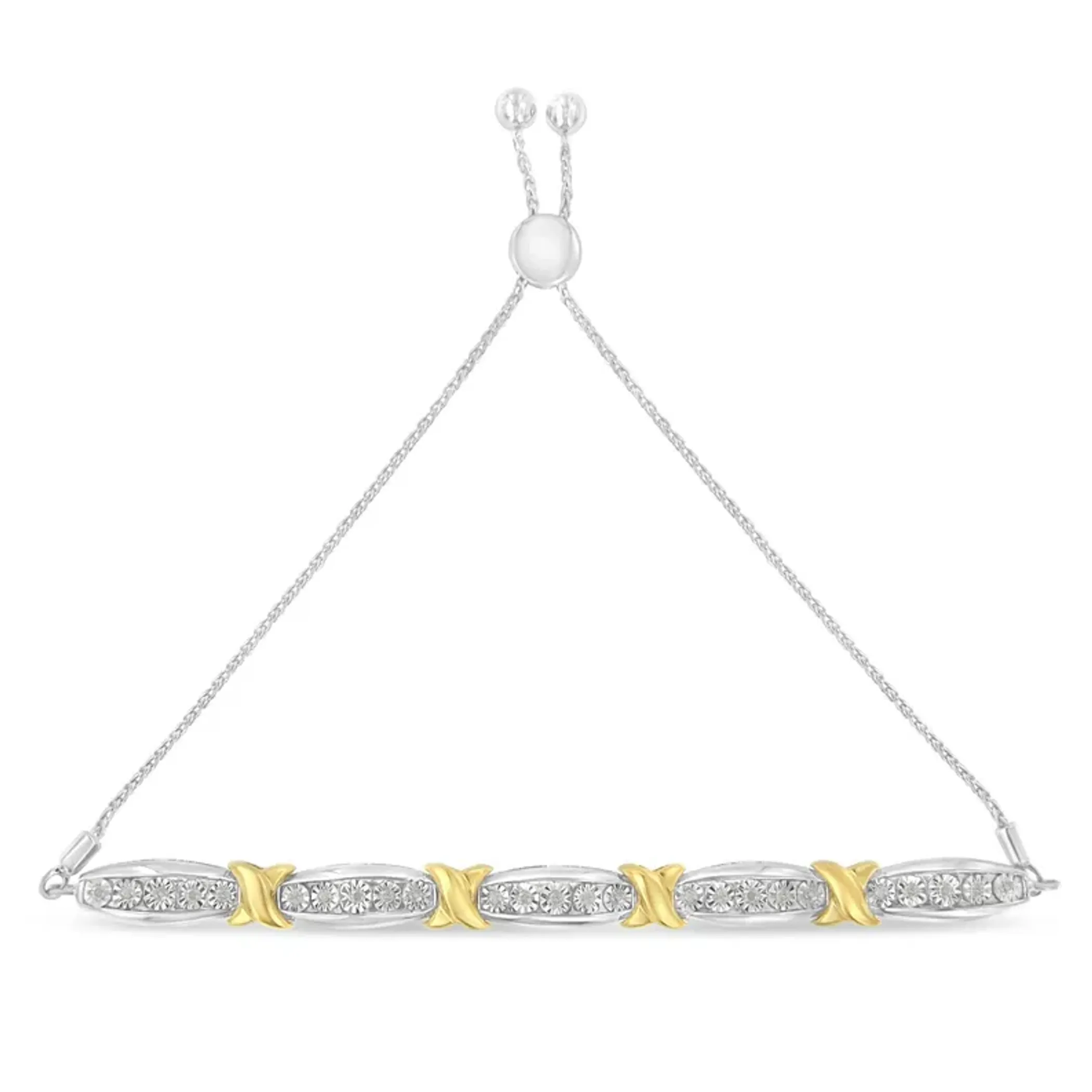 .925 Sterling Silver 1/4 Cttw Round-Cut Diamond X & Tapered Bar Miracle-Set Bolo Bracelet (I-J Color, I3 Clarity) - Two Tone Yellow Gold & Silver