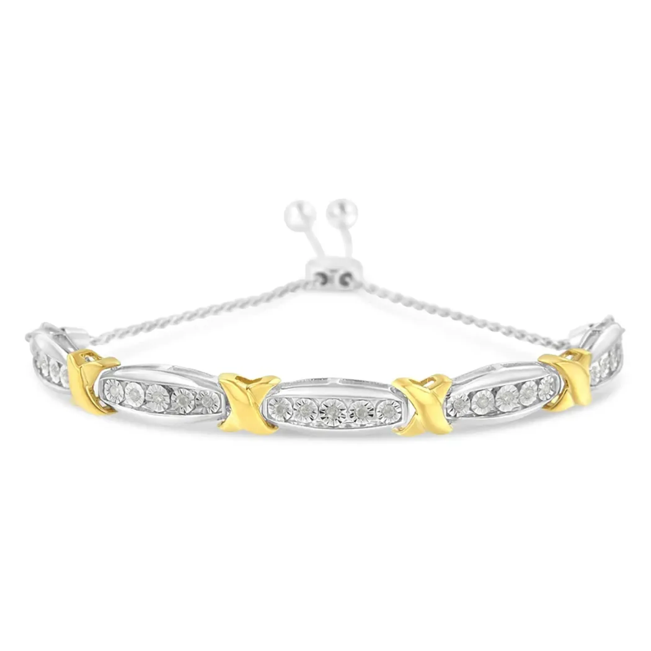 .925 Sterling Silver 1/4 Cttw Round-Cut Diamond X & Tapered Bar Miracle-Set Bolo Bracelet (I-J Color, I3 Clarity) - Two Tone Yellow Gold & Silver