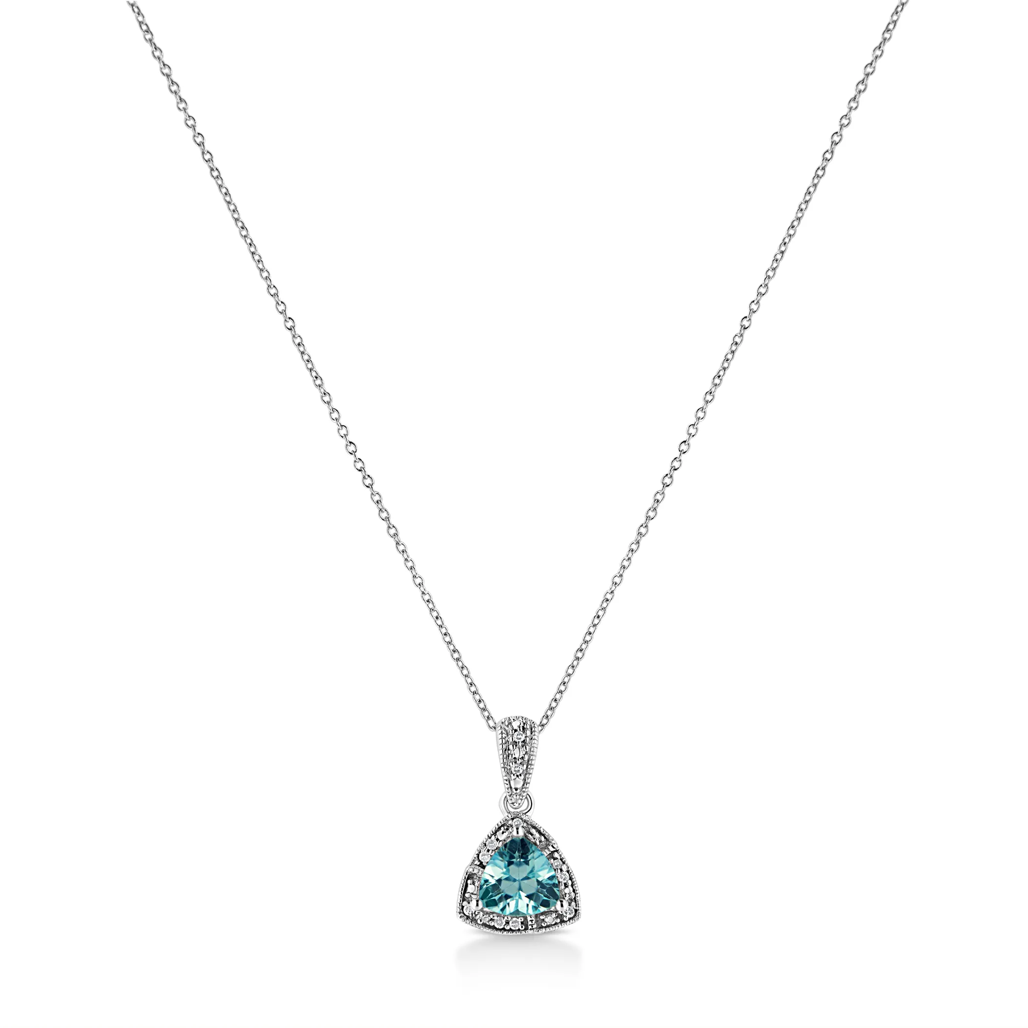 .925 Sterling Silver 7x7 mm Trillion Cut Blue Topaz Gemstone and Diamond Accent 18" Pendant Necklace (I-J Color, I1-I2 Clarity)