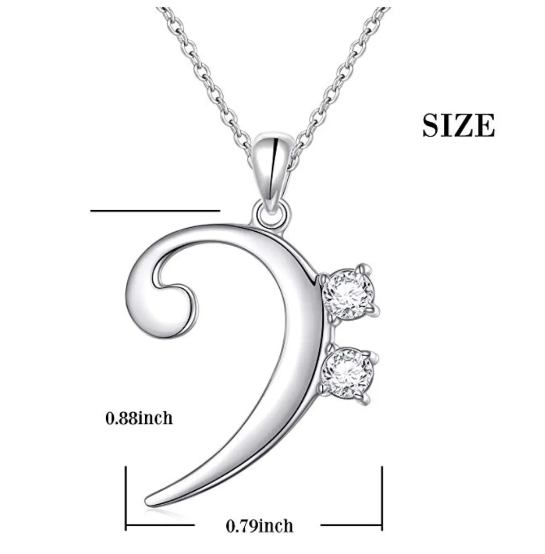 925 Sterling Silver Bass Clef Note Necklace Music Note Charm Musician Jewelry Singer Gift 18in.