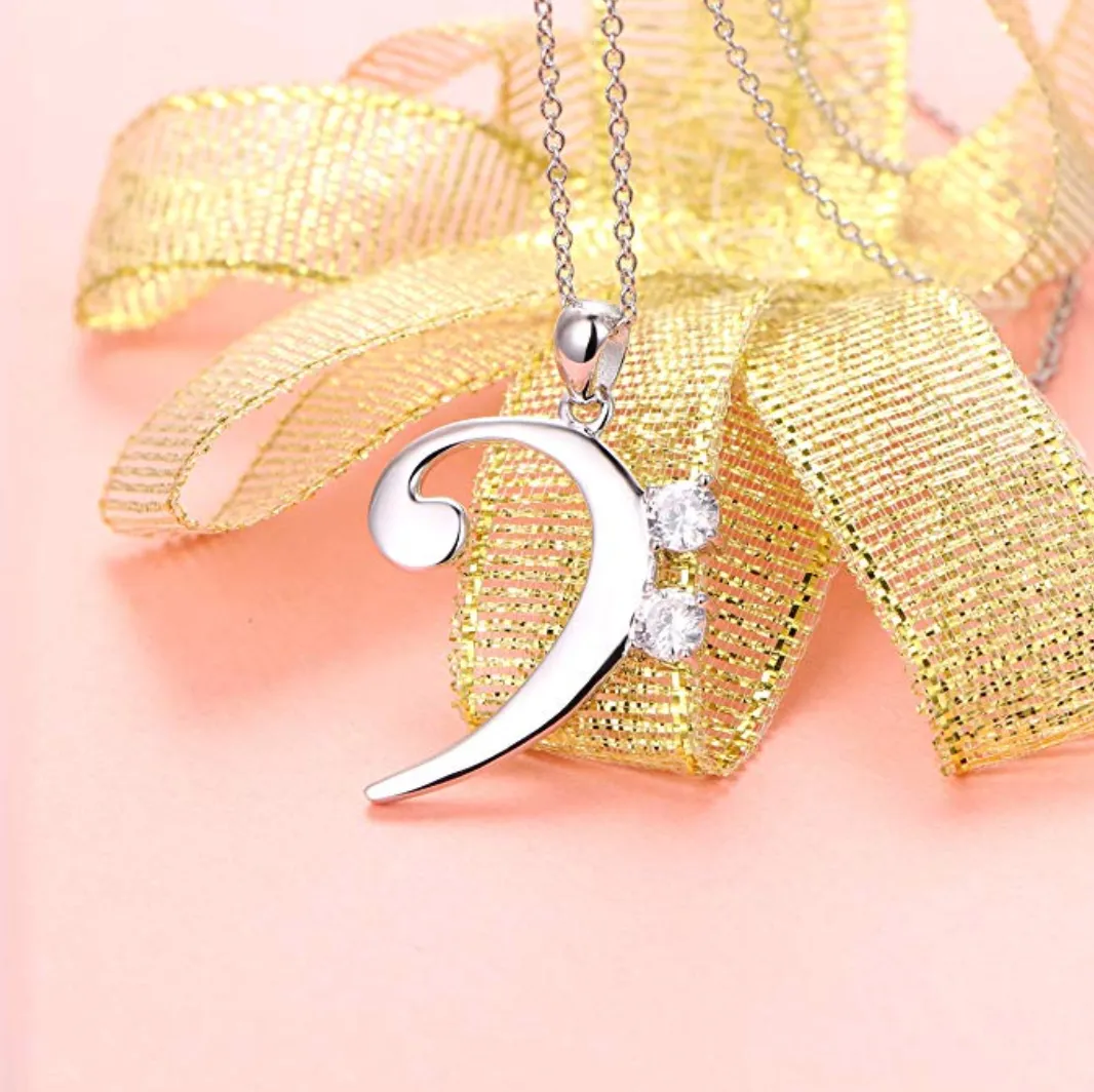 925 Sterling Silver Bass Clef Note Necklace Music Note Charm Musician Jewelry Singer Gift 18in.