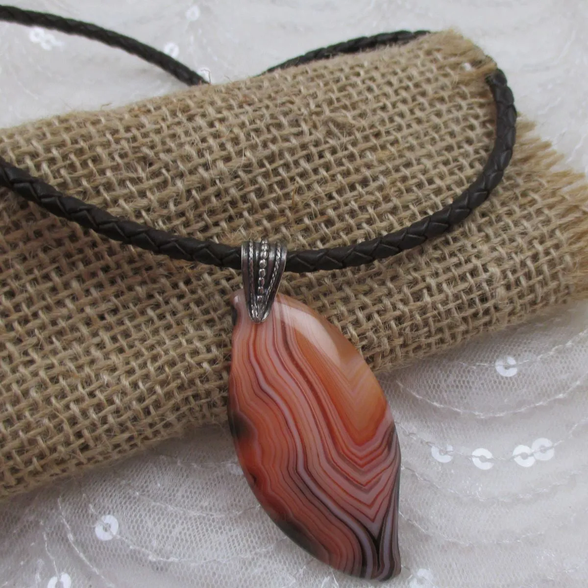 Agate Pendant Necklace on Leatherette Cord