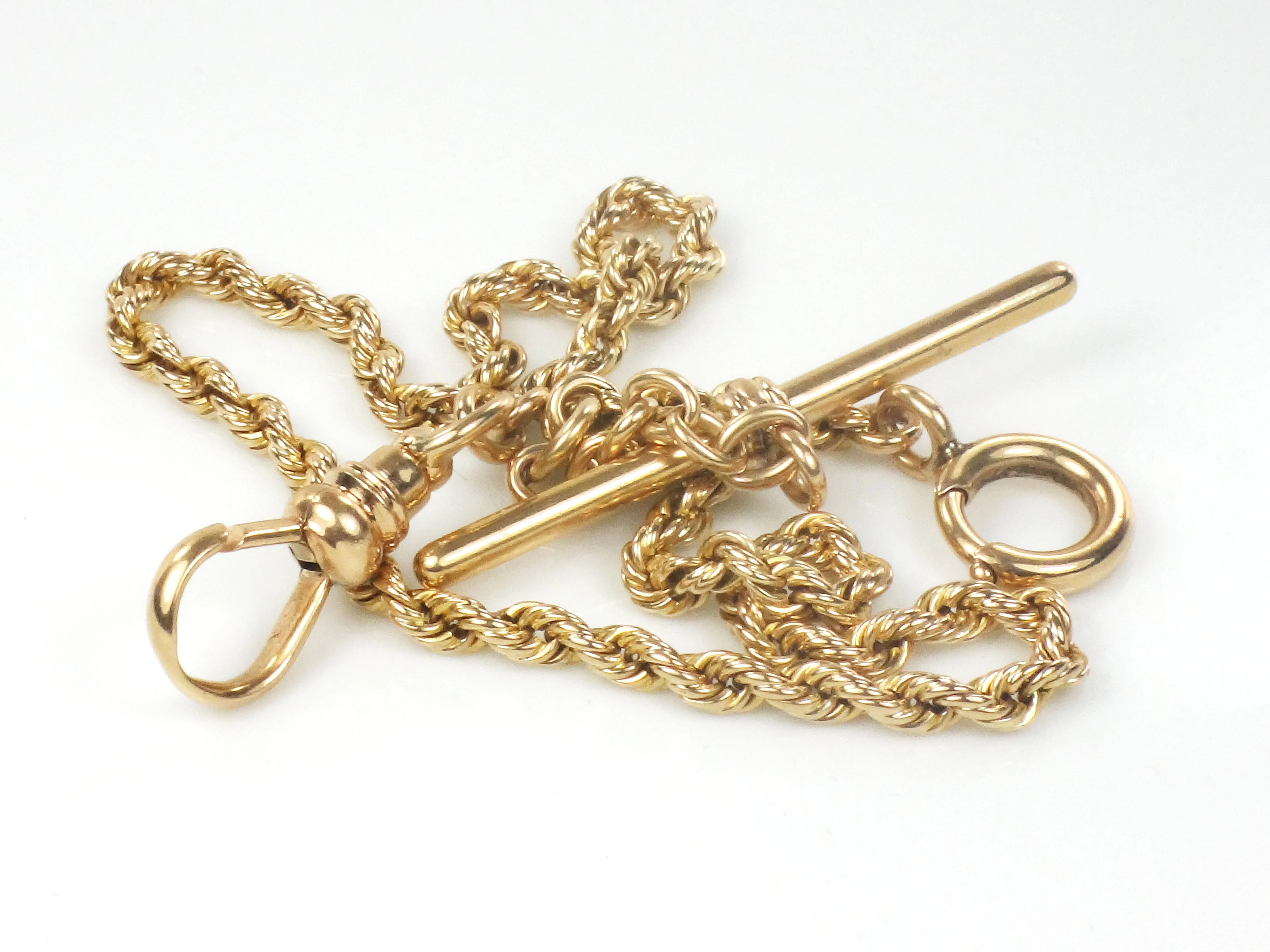 Antique 14k Yellow Gold Watch Chain, Victorian Albert Pocket Watch Chain with T-Bar 10.5"