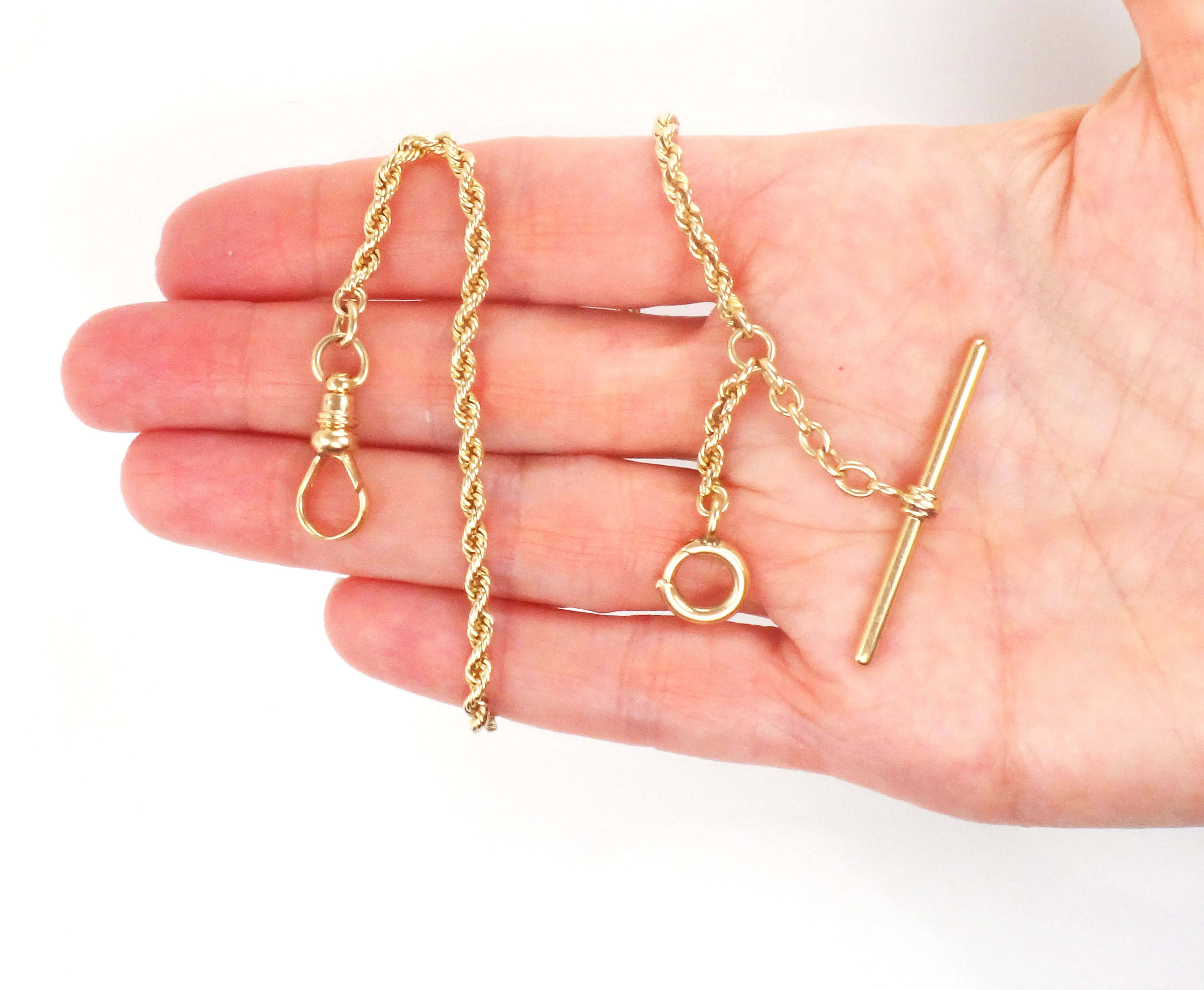 Antique 14k Yellow Gold Watch Chain, Victorian Albert Pocket Watch Chain with T-Bar 10.5"