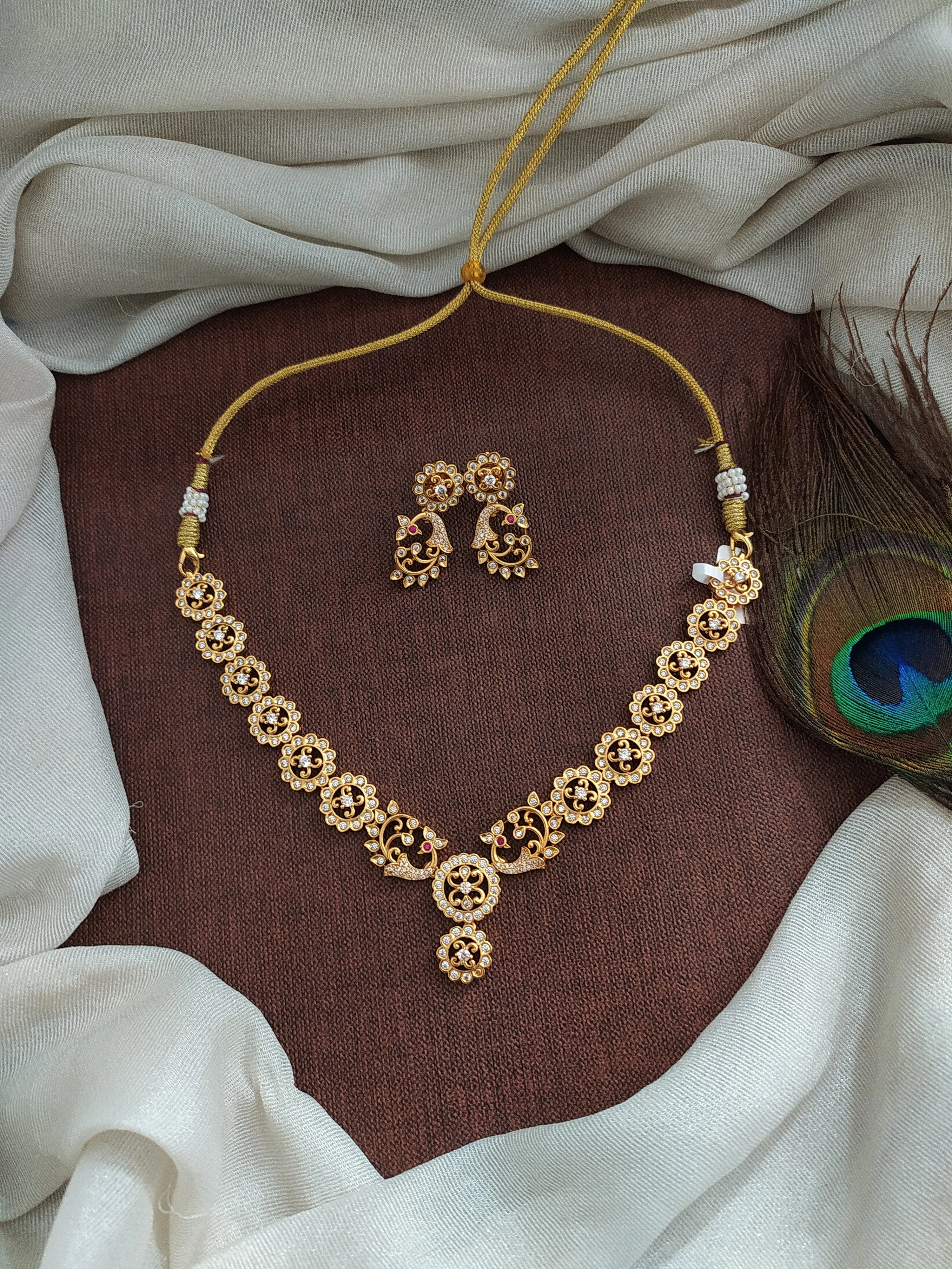 Antique Full White Peacock-Floral Necklace Set with Designer Earrings