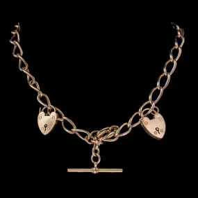 Antique Victorian 9Ct Rose Gold Albert Chain Double Heart Padlock Necklace Circa 1880