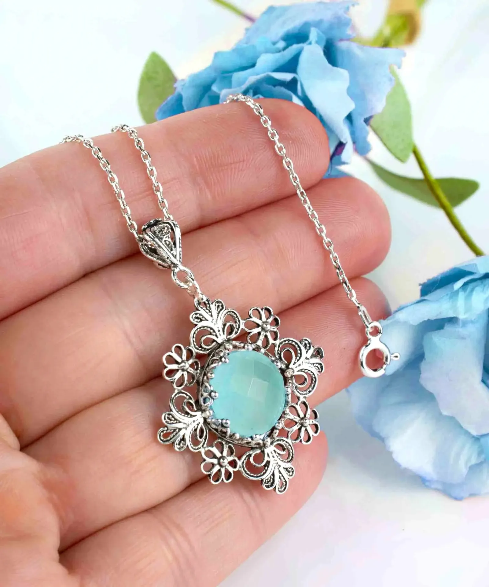 Aqua Chalcedony Daisy Pendant Necklace - Silver Filigree Elegance, qua Chalcedony Necklace, Daisy Pendant