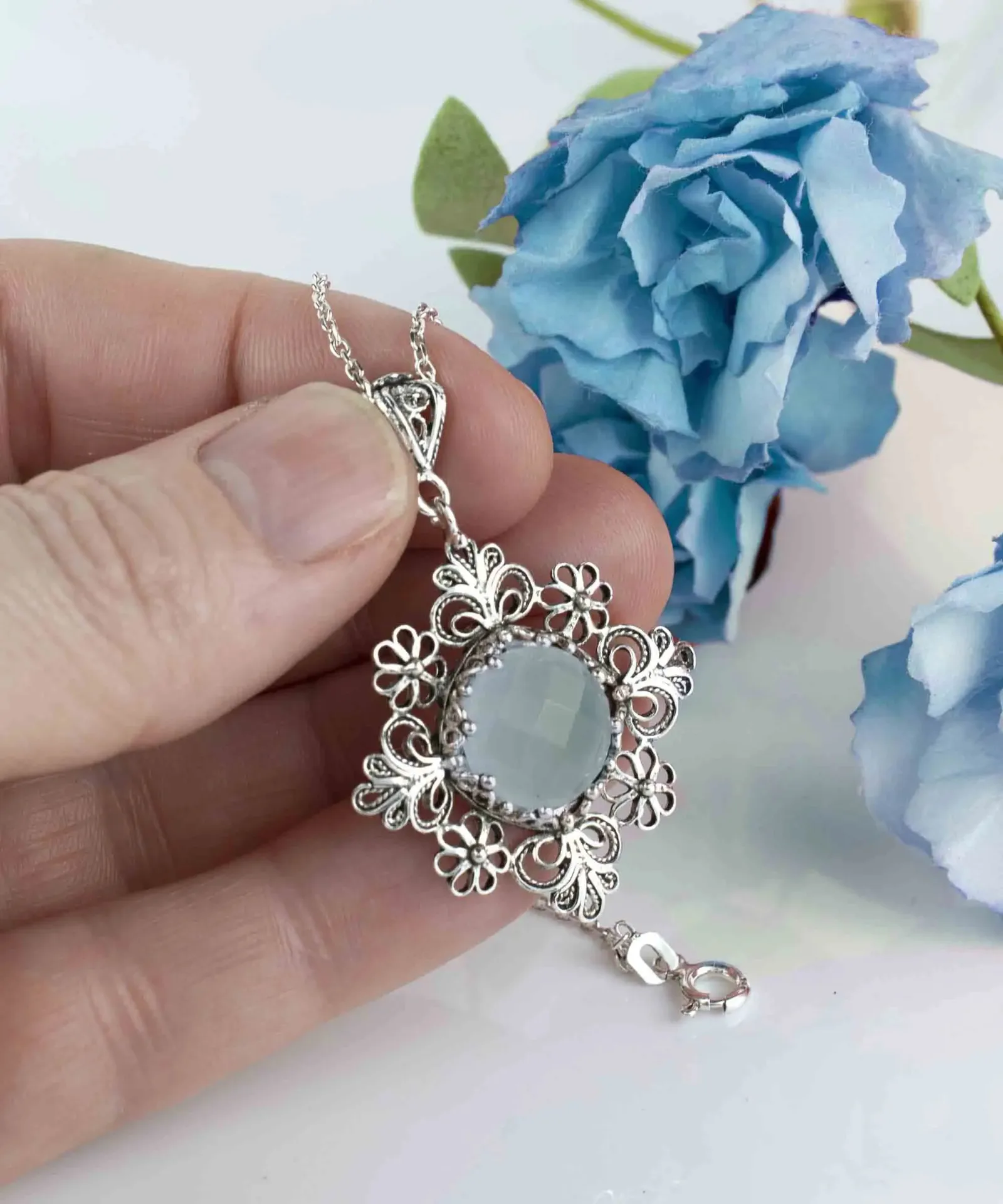 Aqua Chalcedony Daisy Pendant Necklace - Silver Filigree Elegance, qua Chalcedony Necklace, Daisy Pendant